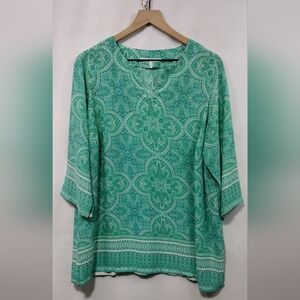 Violet + Claire Floral Blouse Women's XL Green White Boho Retro Artsy Festival